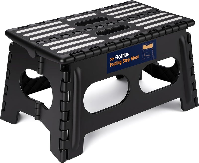 Flottian 9" Folding Step Stool for Adults and Kids 15-Inch Extra Wide Stool Holds Up to 300 lbs,Non-Slip Folding Stools with Handle,Compact Plastic Foldable Step Stool for Bathroom,Kitchen,ect,Black - Image 1